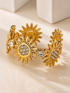 Gold Sunflower Crystal Stretch Ring- Women Jewelry